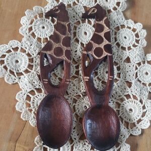 Hand-Carved Giraffe Wooden Serving Spoons - Set of Two